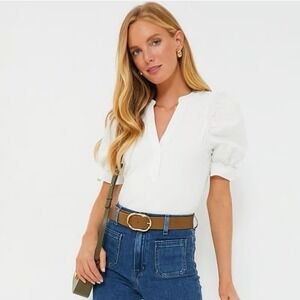 POMANDER PLACE  Livia Puff Sleeve Ribbed Henley Top White Size Medium